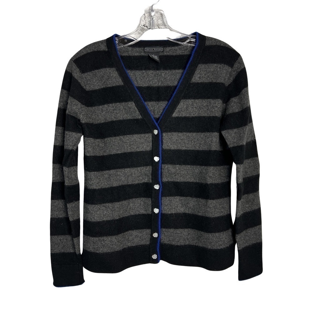 Lauren Hansen Cashmere Cardigan Sweater Womens S Black Gray Striped Button Front